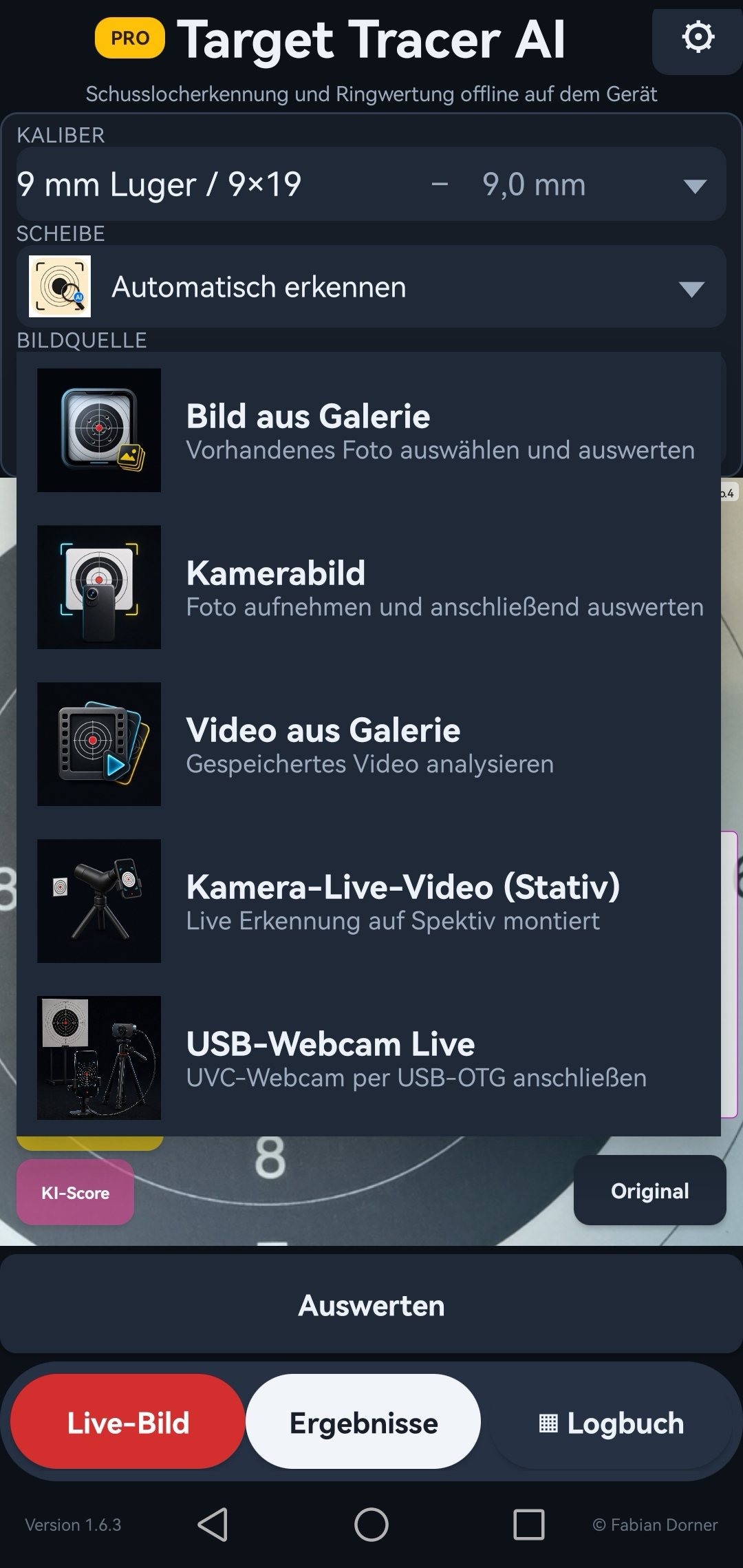 Auswahl der Bildquelle mit den Optionen Bild aus Galerie, Kamerabild, Video aus Galerie, Kamera-Live-Video und USB-Webcam Live