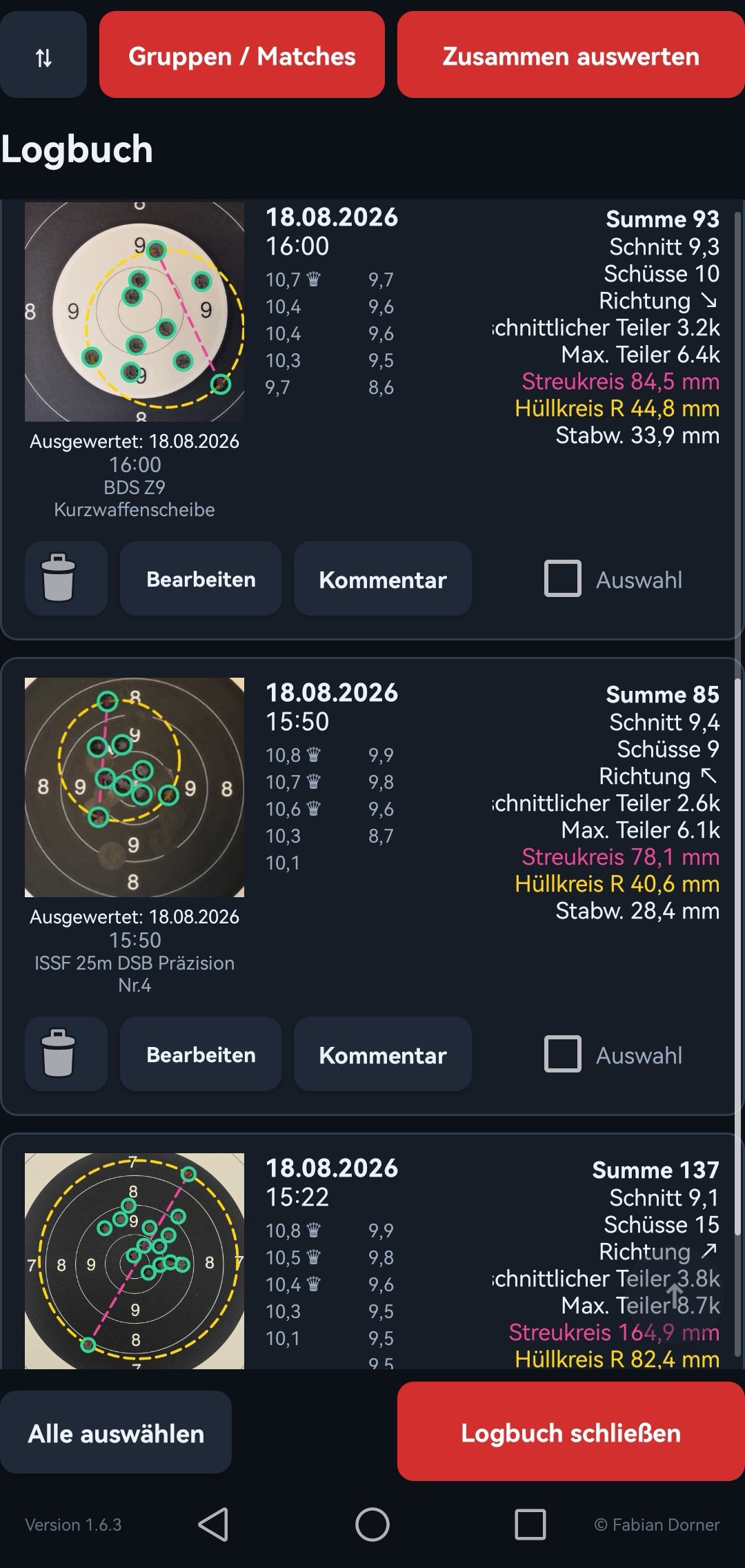 Logbuch mit gespeicherten Auswertungen, Summen und Kennzahlen je Zielscheibe