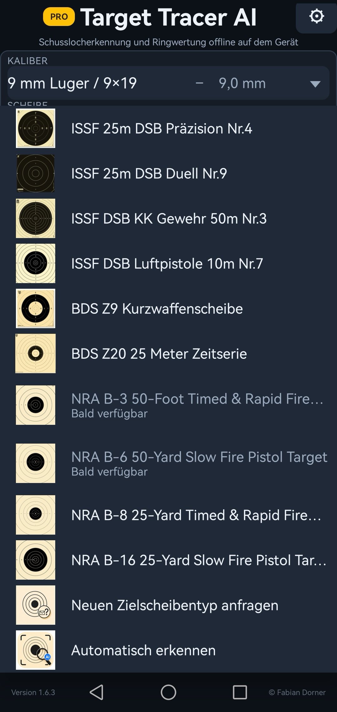 Liste der auswählbaren Zielscheibentypen mit Vorschaubildern