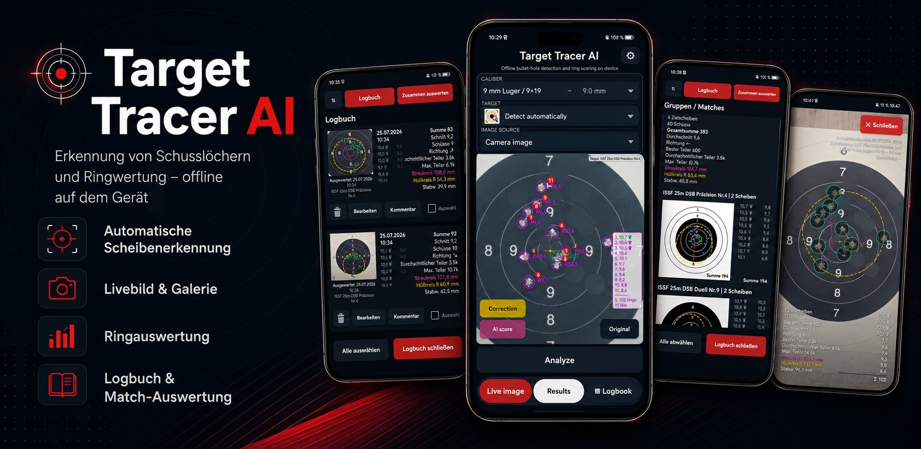 Target Tracer AI – Erkennung von Schusslöchern und Ringwertung offline auf dem Gerät, dargestellt auf mehreren Smartphones