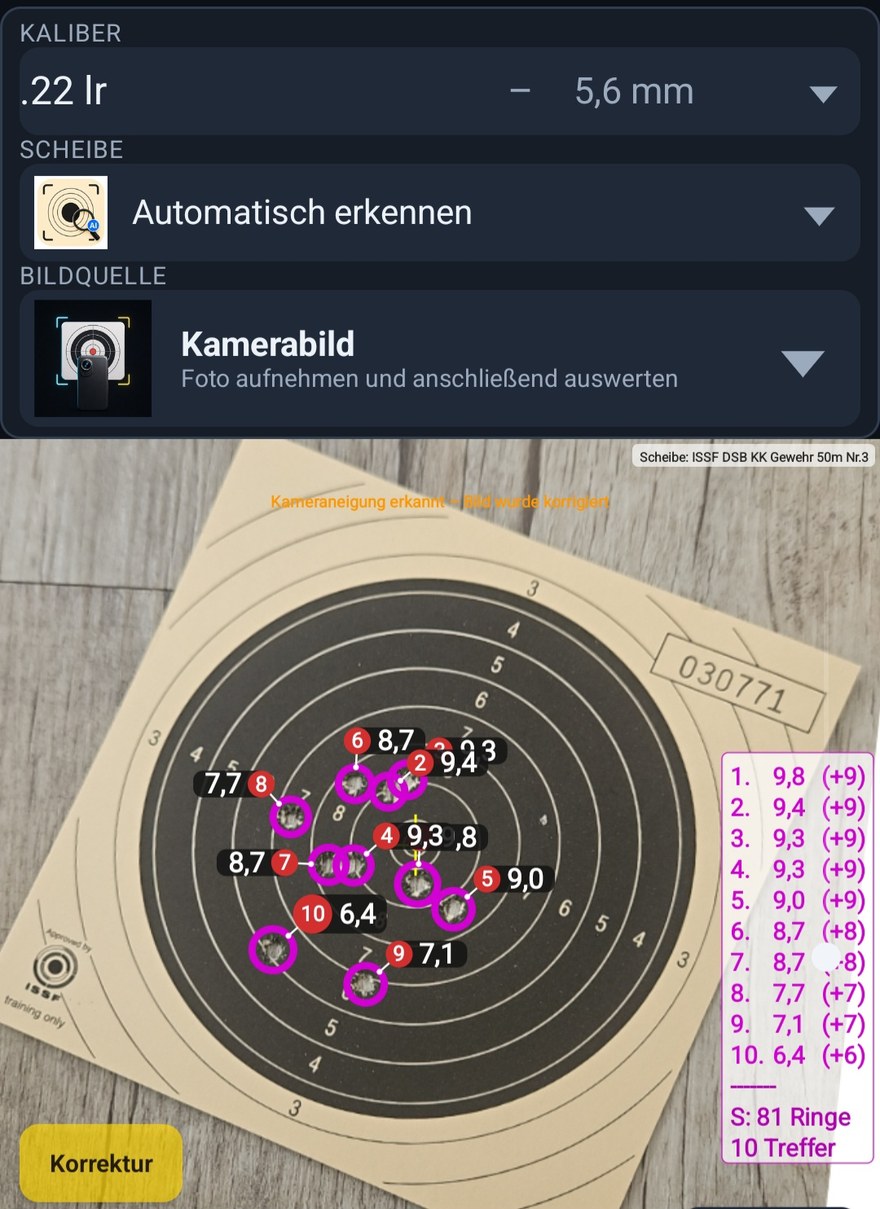 Kameramodus der App: Kaliberauswahl, automatische Scheibenerkennung und Bildquelle „Kamerabild“ über einer ausgewerteten Zielscheibe mit Ringwertliste