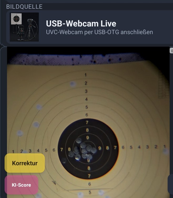 USB-Webcam-Modus der App: Bildquelle „USB-Webcam Live“ mit dem Livebild einer Zielscheibe