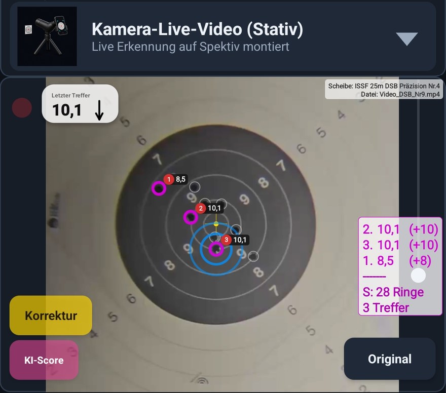Videomodus der App: Bildquelle „Kamera-Live-Video (Stativ)“ mit Anzeige des letzten Treffers, nummerierten Schüssen und laufender Ringwertung