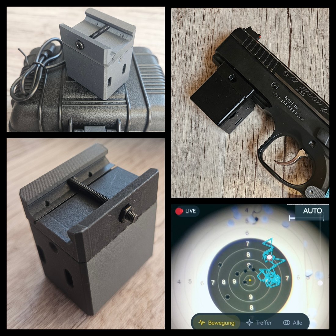 GyroTarget: Bewegungssensor in Nahaufnahme, am Griff einer Pistole montiert sowie die Visualisierung eines Bewegungsverlaufs in der Target Tracer App
