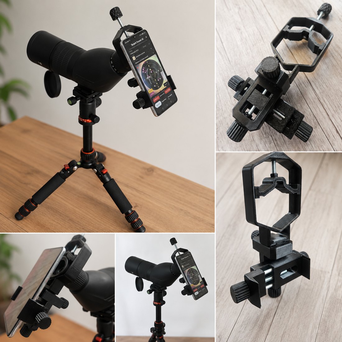 Target Tracer Smartphone Mount: Halterung mit eingespanntem Smartphone an einem Spektiv auf Stativ sowie Detailaufnahmen der Halterung