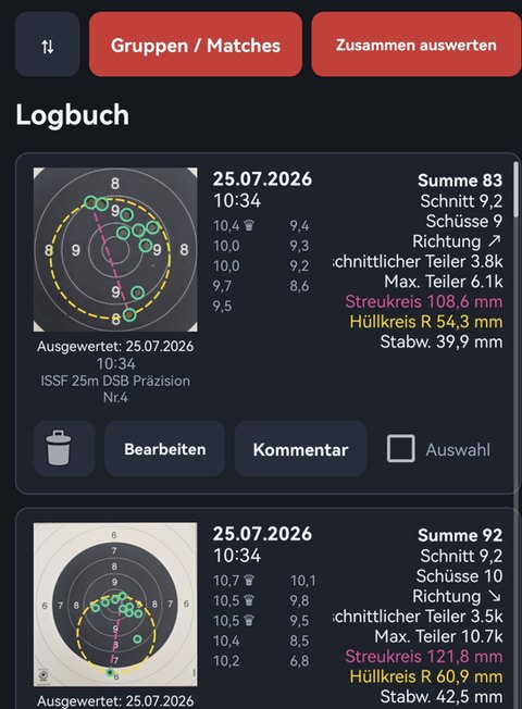 Logbuch mit gespeicherten Auswertungen, Summen und Kennzahlen je Zielscheibe