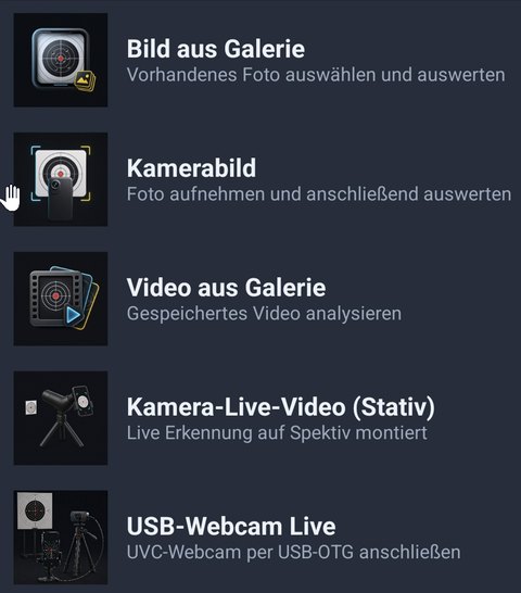 Auswahl der Bildquellen in der App: Bild aus Galerie, Kamerabild, Video aus Galerie, Kamera-Live-Video und USB-Webcam